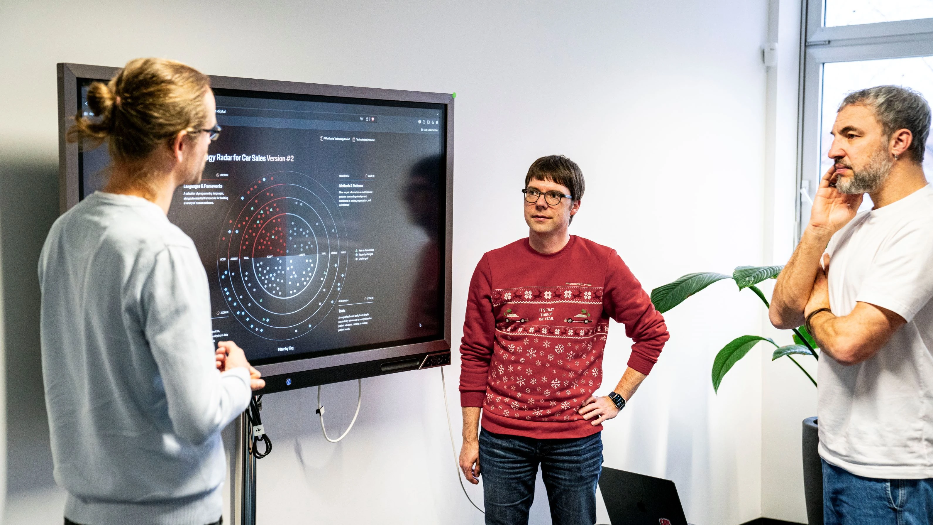 A team of developers standing in front of a screen that presents the Technology Radar